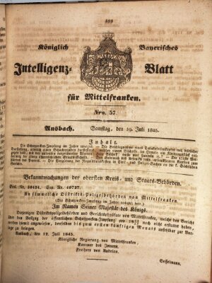 Königlich Bayerisches Intelligenzblatt für Mittelfranken (Ansbacher Intelligenz-Zeitung) Samstag 19. Juli 1845