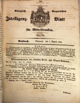 Königlich Bayerisches Intelligenzblatt für Mittelfranken (Ansbacher Intelligenz-Zeitung) Mittwoch 6. August 1845