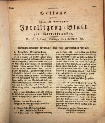 Königlich Bayerisches Intelligenzblatt für Mittelfranken (Ansbacher Intelligenz-Zeitung) Samstag 1. November 1845
