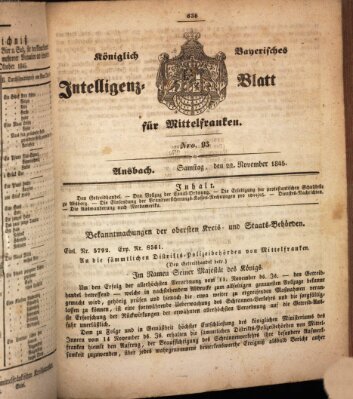 Königlich Bayerisches Intelligenzblatt für Mittelfranken (Ansbacher Intelligenz-Zeitung) Samstag 22. November 1845