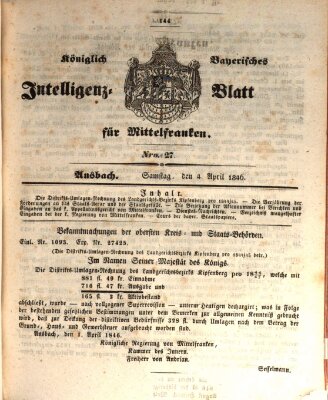 Königlich Bayerisches Intelligenzblatt für Mittelfranken (Ansbacher Intelligenz-Zeitung) Samstag 4. April 1846