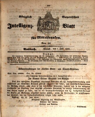 Königlich Bayerisches Intelligenzblatt für Mittelfranken (Ansbacher Intelligenz-Zeitung) Mittwoch 1. Juli 1846