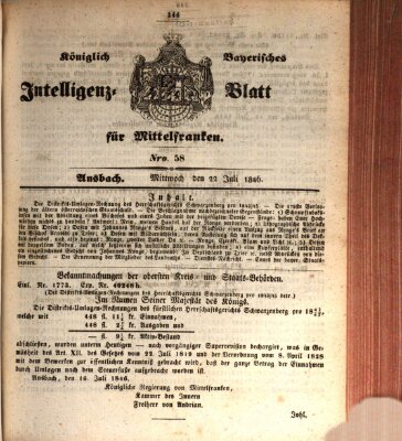 Königlich Bayerisches Intelligenzblatt für Mittelfranken (Ansbacher Intelligenz-Zeitung) Mittwoch 22. Juli 1846