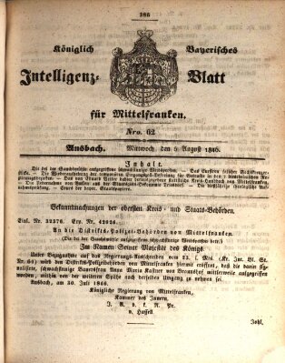 Königlich Bayerisches Intelligenzblatt für Mittelfranken (Ansbacher Intelligenz-Zeitung) Mittwoch 5. August 1846