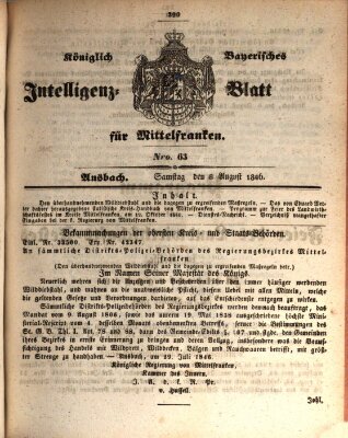 Königlich Bayerisches Intelligenzblatt für Mittelfranken (Ansbacher Intelligenz-Zeitung) Samstag 8. August 1846