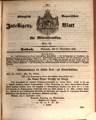 Königlich Bayerisches Intelligenzblatt für Mittelfranken (Ansbacher Intelligenz-Zeitung) Mittwoch 16. September 1846