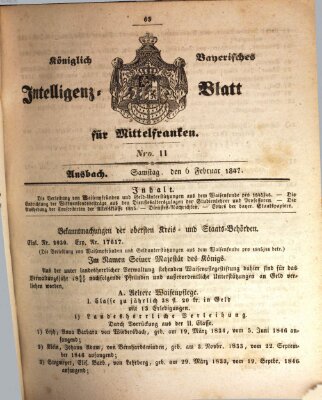 Königlich Bayerisches Intelligenzblatt für Mittelfranken (Ansbacher Intelligenz-Zeitung) Samstag 6. Februar 1847