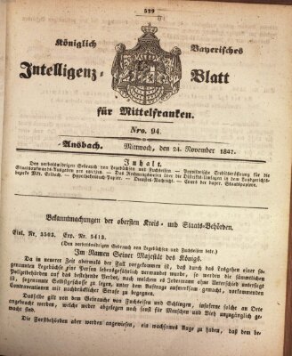 Königlich Bayerisches Intelligenzblatt für Mittelfranken (Ansbacher Intelligenz-Zeitung) Mittwoch 24. November 1847
