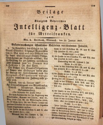 Königlich Bayerisches Intelligenzblatt für Mittelfranken (Ansbacher Intelligenz-Zeitung) Mittwoch 20. Januar 1847