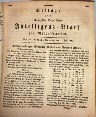 Königlich Bayerisches Intelligenzblatt für Mittelfranken (Ansbacher Intelligenz-Zeitung) Mittwoch 7. Juli 1847