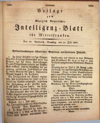Königlich Bayerisches Intelligenzblatt für Mittelfranken (Ansbacher Intelligenz-Zeitung) Samstag 10. Juli 1847