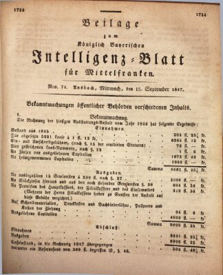 Königlich Bayerisches Intelligenzblatt für Mittelfranken (Ansbacher Intelligenz-Zeitung) Mittwoch 15. September 1847