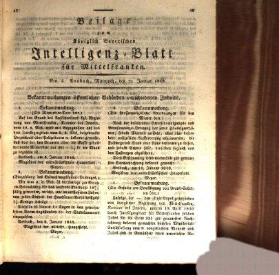 Königlich Bayerisches Intelligenzblatt für Mittelfranken (Ansbacher Intelligenz-Zeitung) Mittwoch 12. Januar 1848