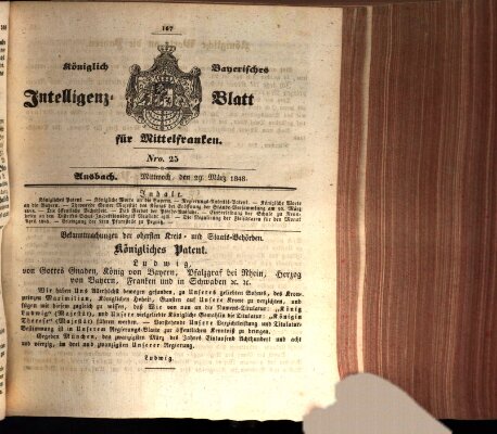 Königlich Bayerisches Intelligenzblatt für Mittelfranken (Ansbacher Intelligenz-Zeitung) Mittwoch 29. März 1848