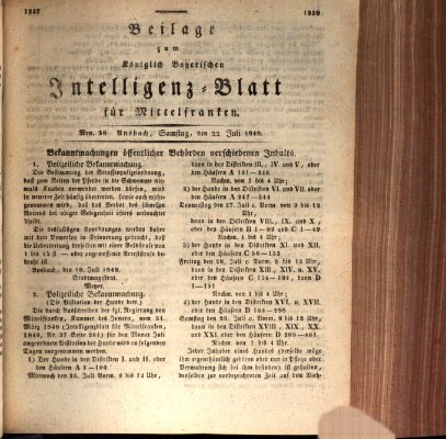 Königlich Bayerisches Intelligenzblatt für Mittelfranken (Ansbacher Intelligenz-Zeitung) Samstag 22. Juli 1848