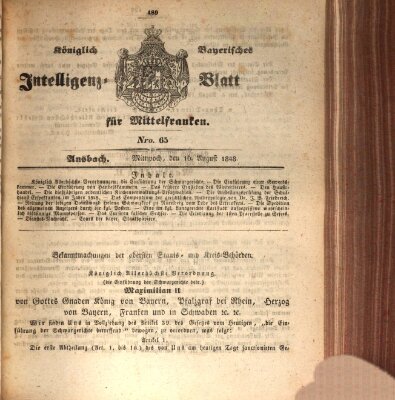Königlich Bayerisches Intelligenzblatt für Mittelfranken (Ansbacher Intelligenz-Zeitung) Mittwoch 16. August 1848