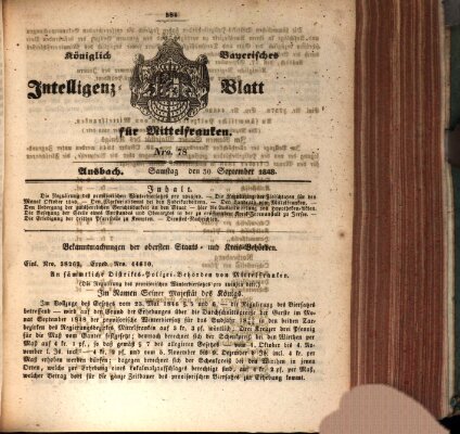 Königlich Bayerisches Intelligenzblatt für Mittelfranken (Ansbacher Intelligenz-Zeitung) Samstag 30. September 1848