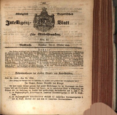 Königlich Bayerisches Intelligenzblatt für Mittelfranken (Ansbacher Intelligenz-Zeitung) Samstag 21. Oktober 1848
