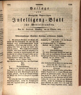Königlich Bayerisches Intelligenzblatt für Mittelfranken (Ansbacher Intelligenz-Zeitung) Samstag 28. Oktober 1848