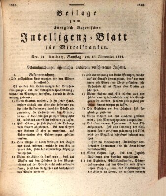 Königlich Bayerisches Intelligenzblatt für Mittelfranken (Ansbacher Intelligenz-Zeitung) Samstag 18. November 1848