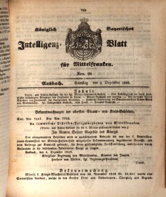 Königlich Bayerisches Intelligenzblatt für Mittelfranken (Ansbacher Intelligenz-Zeitung) Samstag 9. Dezember 1848