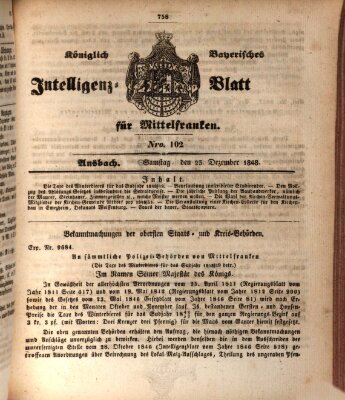 Königlich Bayerisches Intelligenzblatt für Mittelfranken (Ansbacher Intelligenz-Zeitung) Samstag 23. Dezember 1848
