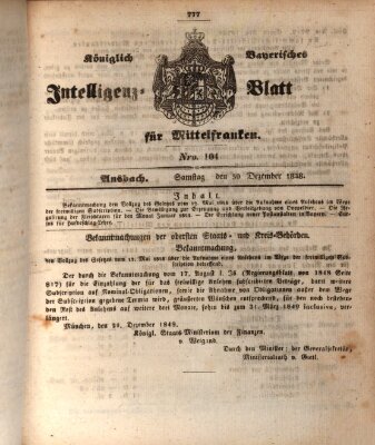 Königlich Bayerisches Intelligenzblatt für Mittelfranken (Ansbacher Intelligenz-Zeitung) Samstag 30. Dezember 1848