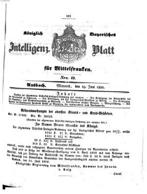 Königlich Bayerisches Intelligenzblatt für Mittelfranken (Ansbacher Intelligenz-Zeitung) Mittwoch 19. Juni 1850