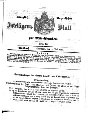 Königlich Bayerisches Intelligenzblatt für Mittelfranken (Ansbacher Intelligenz-Zeitung) Mittwoch 3. Juli 1850