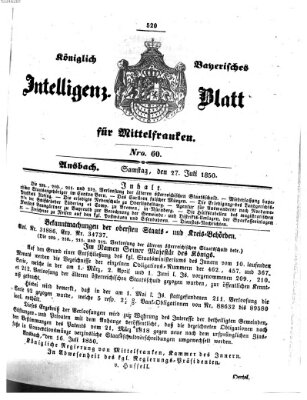Königlich Bayerisches Intelligenzblatt für Mittelfranken (Ansbacher Intelligenz-Zeitung) Samstag 27. Juli 1850
