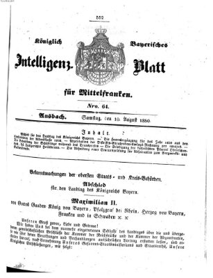 Königlich Bayerisches Intelligenzblatt für Mittelfranken (Ansbacher Intelligenz-Zeitung) Samstag 10. August 1850