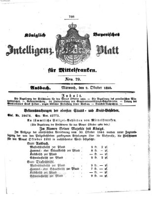 Königlich Bayerisches Intelligenzblatt für Mittelfranken (Ansbacher Intelligenz-Zeitung) Mittwoch 2. Oktober 1850
