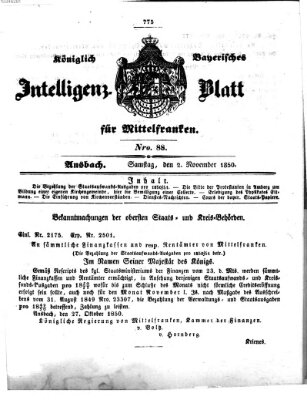 Königlich Bayerisches Intelligenzblatt für Mittelfranken (Ansbacher Intelligenz-Zeitung) Samstag 2. November 1850