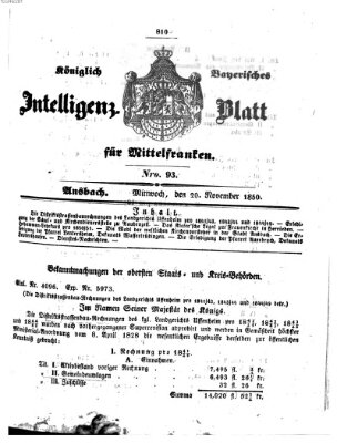 Königlich Bayerisches Intelligenzblatt für Mittelfranken (Ansbacher Intelligenz-Zeitung) Mittwoch 20. November 1850