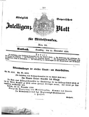 Königlich Bayerisches Intelligenzblatt für Mittelfranken (Ansbacher Intelligenz-Zeitung) Samstag 23. November 1850