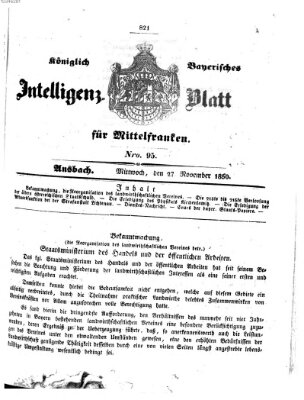 Königlich Bayerisches Intelligenzblatt für Mittelfranken (Ansbacher Intelligenz-Zeitung) Mittwoch 27. November 1850