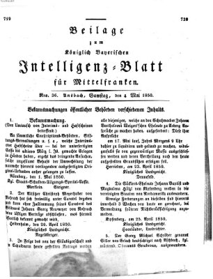 Königlich Bayerisches Intelligenzblatt für Mittelfranken (Ansbacher Intelligenz-Zeitung) Samstag 4. Mai 1850