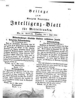 Königlich Bayerisches Intelligenzblatt für Mittelfranken (Ansbacher Intelligenz-Zeitung) Samstag 1. Juni 1850