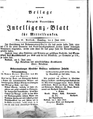 Königlich Bayerisches Intelligenzblatt für Mittelfranken (Ansbacher Intelligenz-Zeitung) Samstag 8. Juni 1850