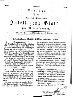 Königlich Bayerisches Intelligenzblatt für Mittelfranken (Ansbacher Intelligenz-Zeitung) Mittwoch 16. Oktober 1850