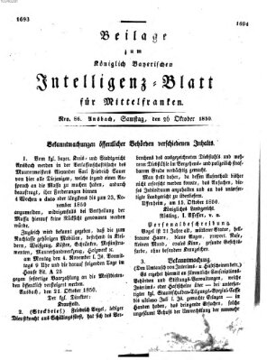 Königlich Bayerisches Intelligenzblatt für Mittelfranken (Ansbacher Intelligenz-Zeitung) Samstag 26. Oktober 1850