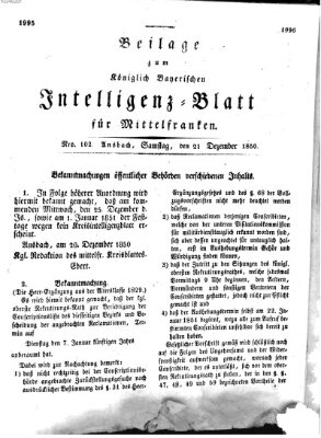 Königlich Bayerisches Intelligenzblatt für Mittelfranken (Ansbacher Intelligenz-Zeitung) Samstag 21. Dezember 1850