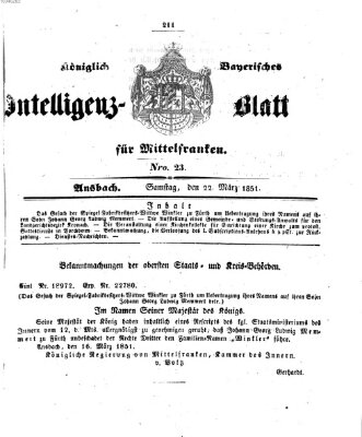 Königlich Bayerisches Intelligenzblatt für Mittelfranken (Ansbacher Intelligenz-Zeitung) Samstag 22. März 1851