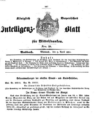 Königlich Bayerisches Intelligenzblatt für Mittelfranken (Ansbacher Intelligenz-Zeitung) Mittwoch 9. April 1851
