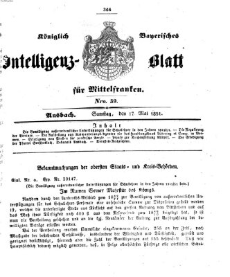 Königlich Bayerisches Intelligenzblatt für Mittelfranken (Ansbacher Intelligenz-Zeitung) Samstag 17. Mai 1851