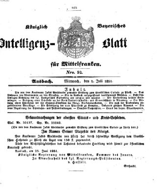 Königlich Bayerisches Intelligenzblatt für Mittelfranken (Ansbacher Intelligenz-Zeitung) Mittwoch 2. Juli 1851