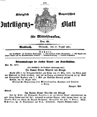 Königlich Bayerisches Intelligenzblatt für Mittelfranken (Ansbacher Intelligenz-Zeitung) Mittwoch 27. August 1851