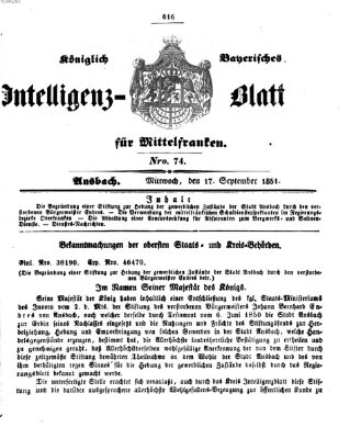 Königlich Bayerisches Intelligenzblatt für Mittelfranken (Ansbacher Intelligenz-Zeitung) Mittwoch 17. September 1851