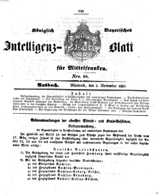 Königlich Bayerisches Intelligenzblatt für Mittelfranken (Ansbacher Intelligenz-Zeitung) Mittwoch 5. November 1851