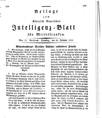 Königlich Bayerisches Intelligenzblatt für Mittelfranken (Ansbacher Intelligenz-Zeitung) Samstag 22. Februar 1851